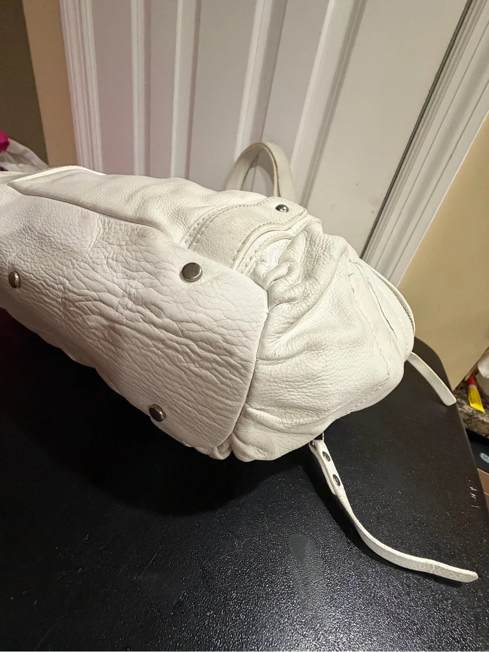 White Leather Drawstring Shoulder Bag
